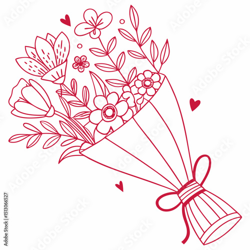 Line art bouquet in pink color Valentine's day gift. Vector graphic