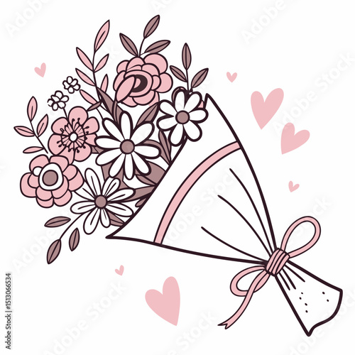 Line art bouquet in pink color Valentine's day gift. Vector graphic