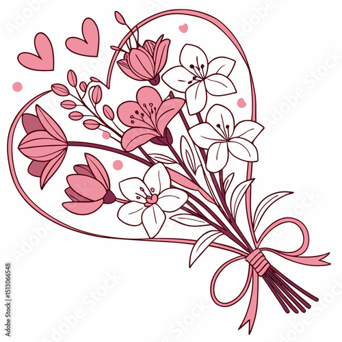 Line art bouquet in pink color Valentine's day gift. Vector graphic