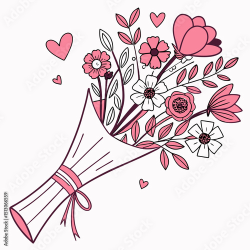 Line art bouquet in pink color Valentine's day gift. Vector graphic