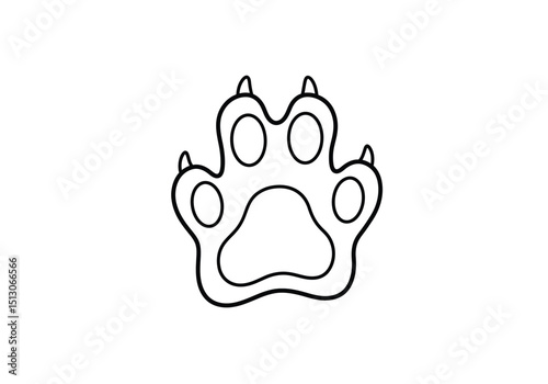 Cat paw drawing. It is a black and white outline image of a feline's paw print, featuring soft pads and visible claws, ideal for animal motifs. Vector sketch line art draw.