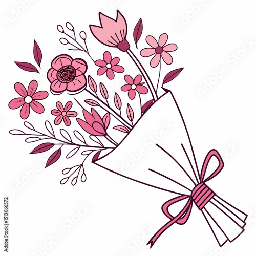 Line art bouquet in pink color Valentine's day gift. Vector graphic