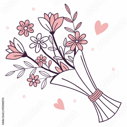 Line art bouquet in pink color Valentine's day gift. Vector graphic