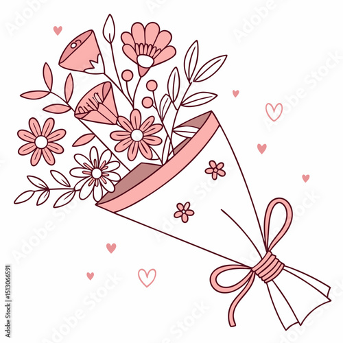 Line art bouquet in pink color Valentine's day gift. Vector graphic