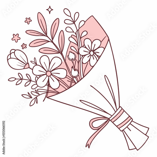 Line art bouquet in pink color Valentine's day gift. Vector graphic