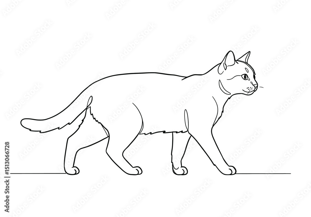 Obraz premium Cat walking drawing. It is a black and white outline image of a feline in motion, a cat walking gracefully with a sleek body and expressive eyes. Vector sketch line art draw.