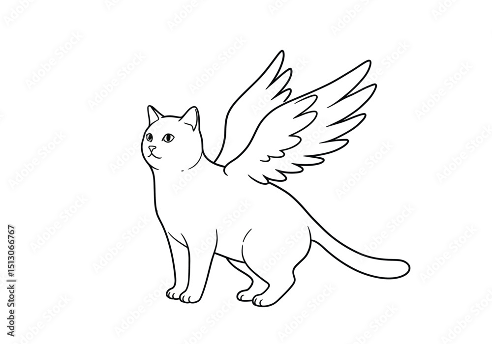 Obraz premium Cat with wings drawing. It is a black and white outline image of a whimsical feline, a cat with angel wings, symbolizing grace, freedom, or heavenly pets. Vector sketch line art draw.