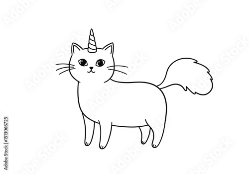 Cat unicorn drawing. It is a black and white outline image of a whimsical creature, a cute cat with a horn like a unicorn, blending feline and mythical traits. Vector sketch line art draw.