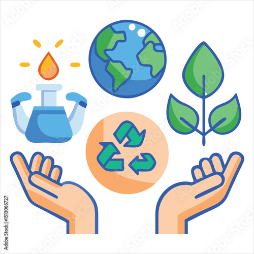 Eco Awareness Icon Set with Recycle Earth Energy Water Conservation and Plant in Flat and 3D Styles
