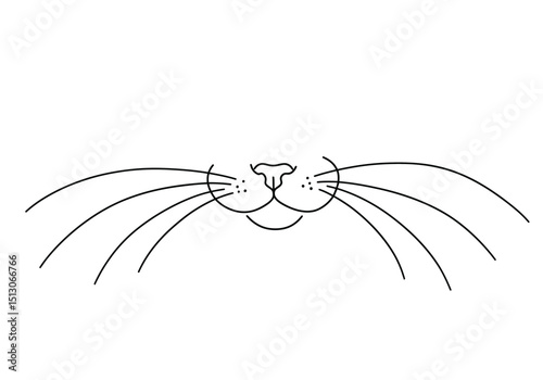 Cat whiskers drawing. It is a black and white outline image of a feline's muzzle, featuring prominent whiskers, nose, and a small mouth. Vector sketch line art draw.