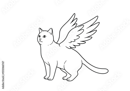 Cat with wings drawing. It is a black and white outline image of a whimsical feline, a cat with angel wings, symbolizing grace, freedom, or heavenly pets. Vector sketch line art draw.