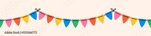 Modern seamless festive background, pattern of garland of multicolored bright triangle flags on light background; vector illustration, flat style