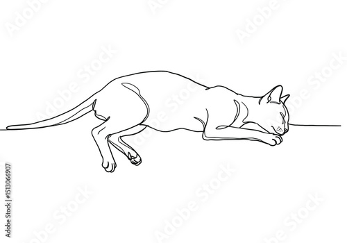 Dead cat drawing. It is a black and white outline image of a feline lying still, a cat in a relaxed pose, often associated with sleeping or rest. Vector sketch line art draw.