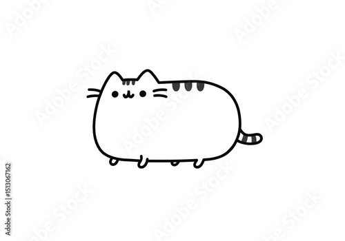 Pusheen drawing. It is a black and white outline image of the popular cartoon feline, Pusheen, a chubby cat with a relaxed and endearing expression. Vector sketch line art draw.