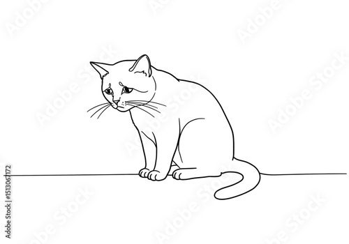 Sad cat drawing. It is a black and white outline image of a melancholy feline, a cat with downturned eyes and a sorrowful expression, conveying sadness. Vector sketch line art draw.