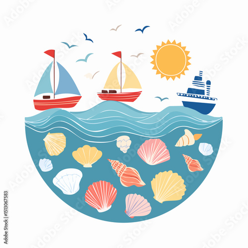 Seaside elements drawn by hand in a calm, breezy style.