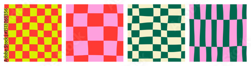 Seamless abstract contemporary colorful minimal bright set of checkered, striped and chess patterns on light background; red, pink, green colors; simple hand drawn vector illustration, flat style