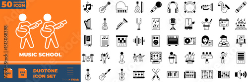 Music School Duotone Editable Icons set. Vector illustration in modern thin duotone style of music school icons: media, music, audio, etc