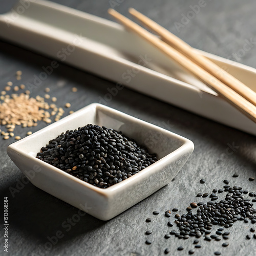 Black and White Sesame Seeds in Square Bowls with Chopsticks on a Dark Gray Textured Surface in Natural Light