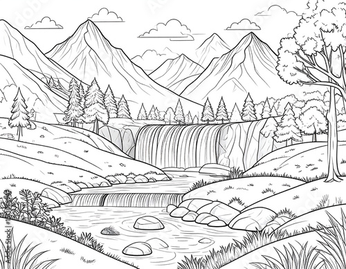 Majestic Mountain Waterfall Black and White Line Art Coloring Page
