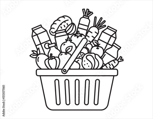 Icon of a basket filled with food, representing grocery shopping, a vector line symbol, flat design.