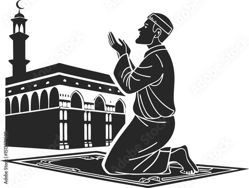 muslim man praying black and white silhouettes illustration 