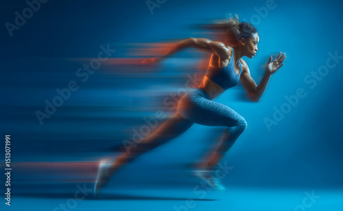 Motion blurred photo of female runner running in action pose with fast pace on bright blue gradient background. Commercial sports photography style.