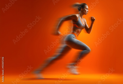 Motion blurred photo of female runner running in action pose with fast pace on bright orange gradient background. Commercial sports photography style.