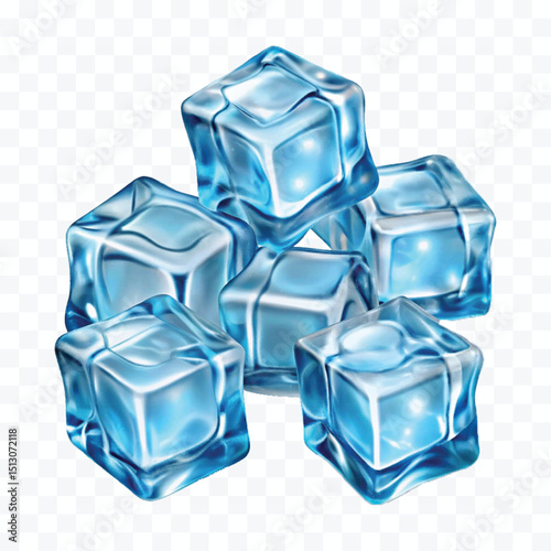 abstract 3d Ice cubes in blue color isolated on transparent background