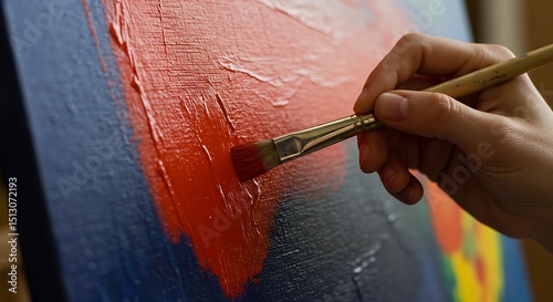 An artistic hand works on a canvas, spreading striking red paint over a blue base, illustrating the dynamic and textured application of art.