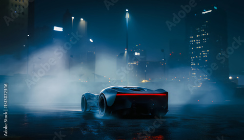 High-tech car driving through a city at night with mist and bright lights illuminating the surroundings