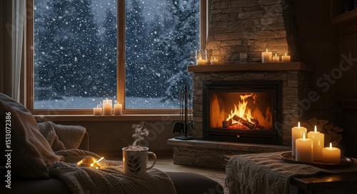 Wallpaper Mural A cozy living room with a fireplace burning and snow falling outside a large window at night time Torontodigital.ca