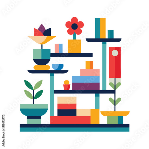 Abstract geometric illustration of decorative shelves with potted flowers and plants in colorful design