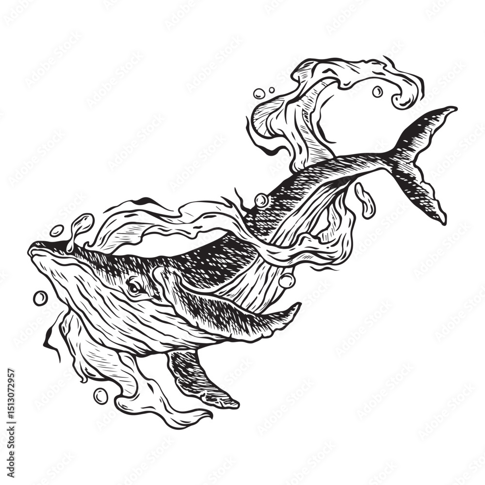Fototapeta premium illustration art hand drawn black and white whales surrounded by water tattoo and t-shirt design