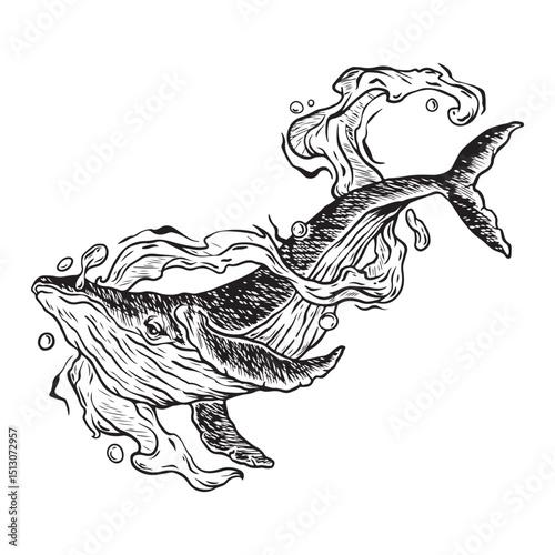 illustration art hand drawn black and white whales surrounded by water tattoo and t-shirt design