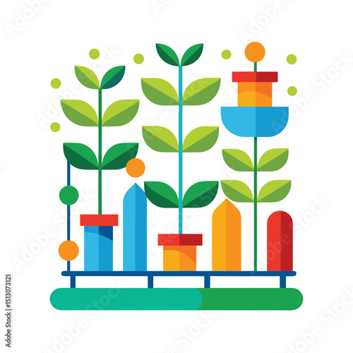 Abstract vector illustration of colorful plants growing in pots against a white background