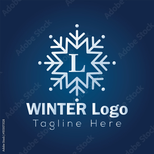 Christmas card design featuring a snowflake icon on a winter holiday background, perfect for seasonal celebrations winter L logo design