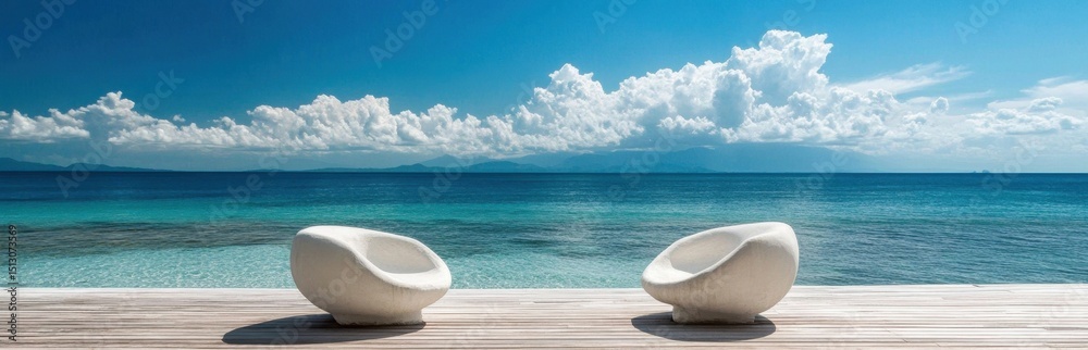 Obraz premium Experience tranquility with modern chairs by the crystal-clear ocean, surrounded by breathtaking views of the blue sky and fluffy clouds. Perfect for relaxation.