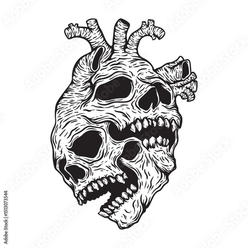 illustration art hand drwan black and white skull heart tattoo logo and t-shirt design