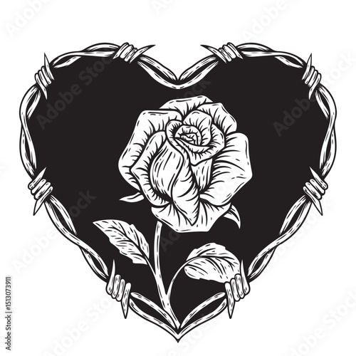 illustration art hand drawn black and white barbed wire love frame with rose tattoo and t-shirt design