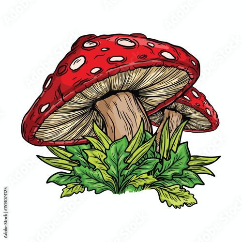 illustration art hand drawn wild mushroom and leaf tatoo and t-shirt design	
