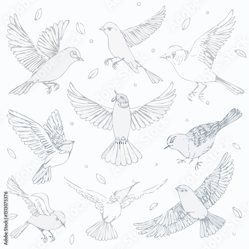 Graceful birds drawn by hand in flying and resting poses.
