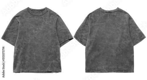 Blank oversized shirt with washed out texture, front and back with grey color and isolated in white background, for mockup template or print