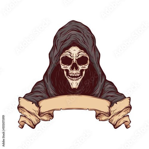 illustration art hand drawn skull wearing cloak tattoo logo and t-shirt design