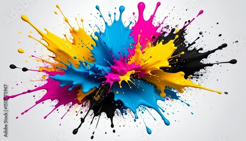 Wallpaper Mural A vibrant CMYK explosion depicting a dynamic burst of cyan, magenta, yellow, and black toner splatters against a white background, Torontodigital.ca
