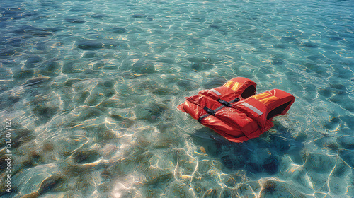 A snorkeling vest floating in shallow water, no people