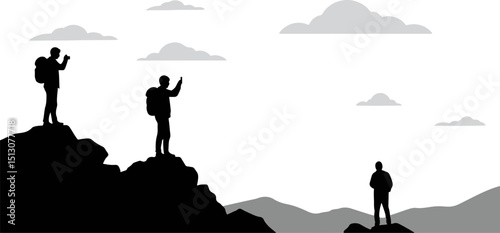 Silhouetted hikers gesturing on mountain peaks against cloudy sky  