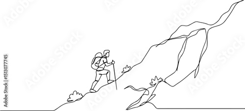 Line drawing of hiker climbing a mountain trail with dog  