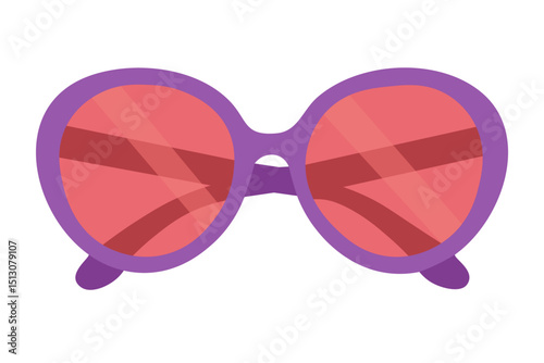 Vector illustration of round sunglasses with pink lenses and purple frame, cartoon summer accessory.