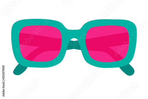 Vector clipart of turquoise frame sunglasses with vivid pink lenses, modern and bold summer accessory.